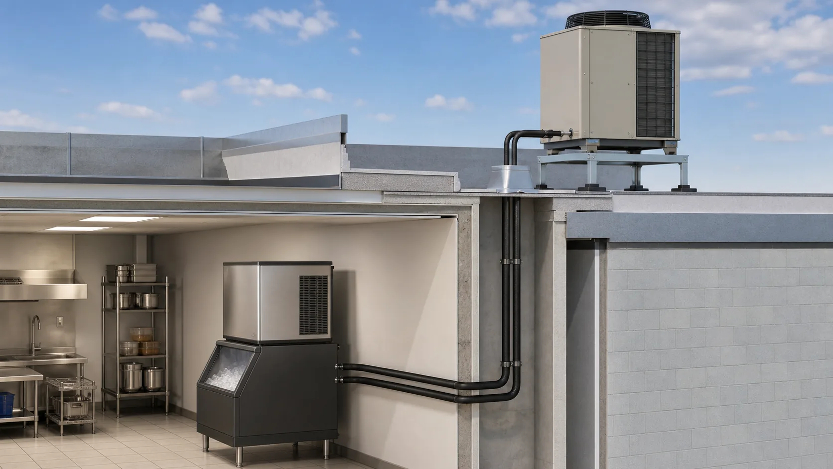 Indoor commercial ice maker connected to a rooftop remote condenser through routed refrigerant lines