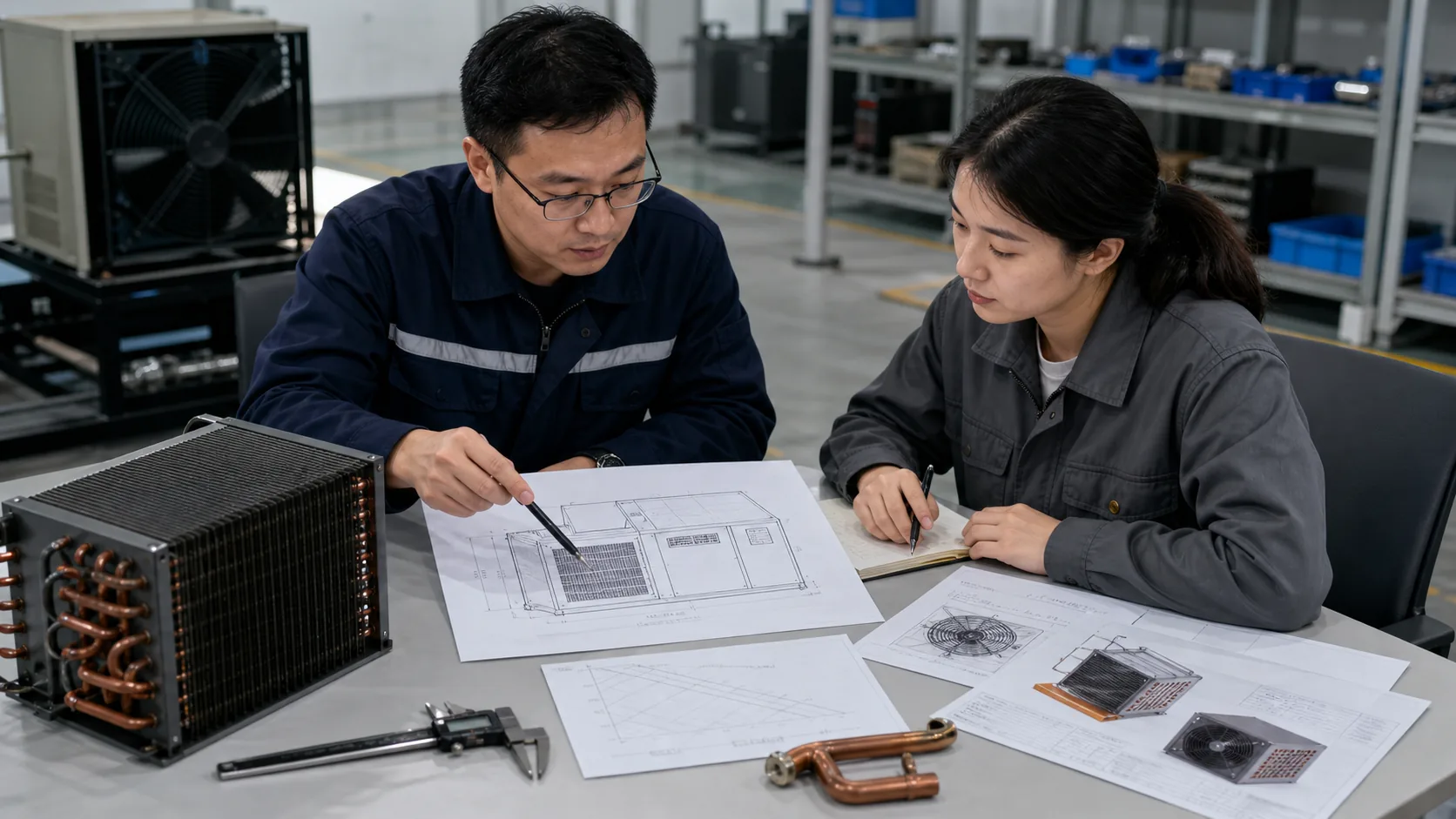 Engineer and procurement specialist comparing an ice machine drawing, condenser sample and supplier returned data