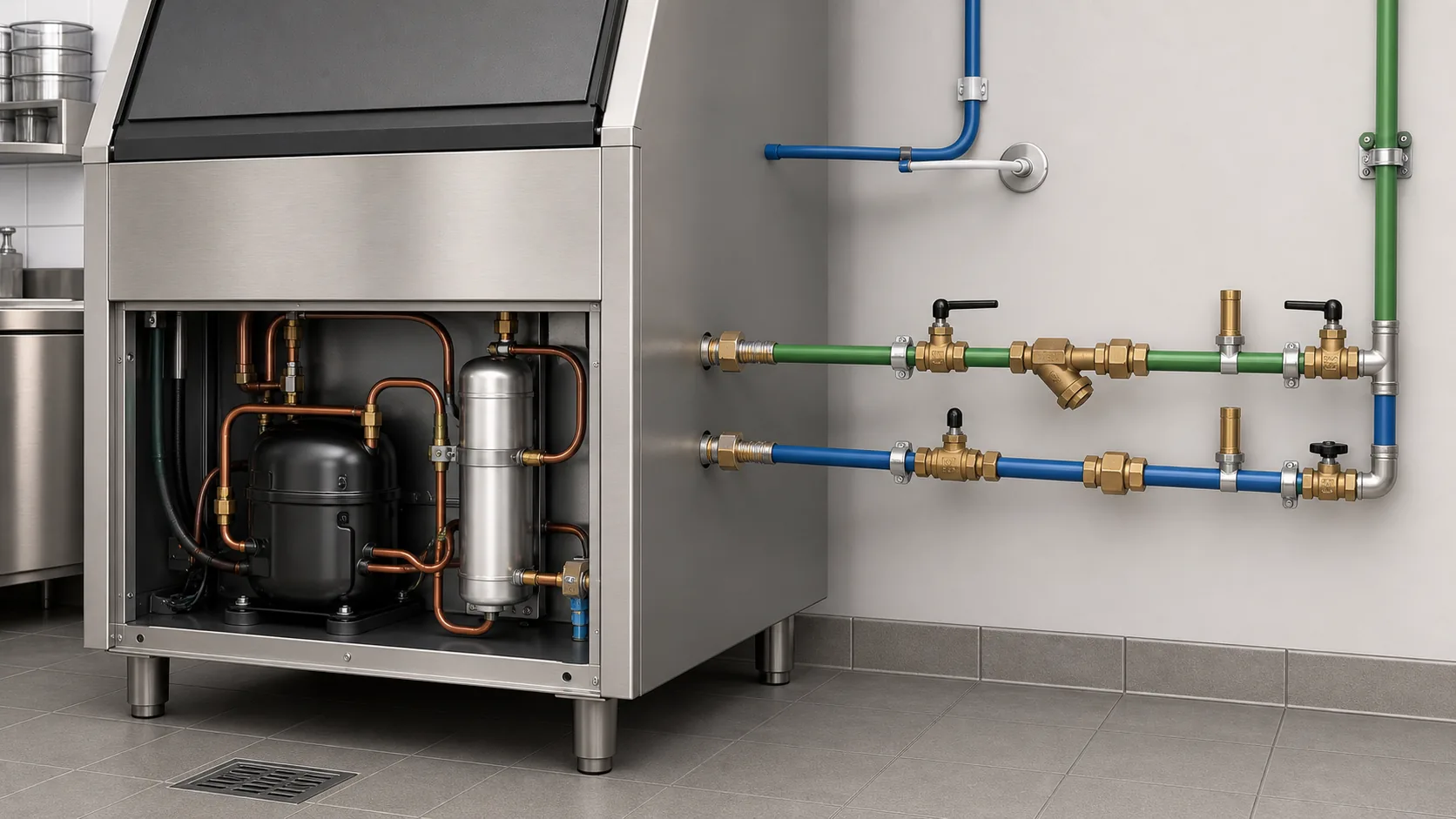 Water-cooled ice machine condenser with separate condenser-water supply, return and service components