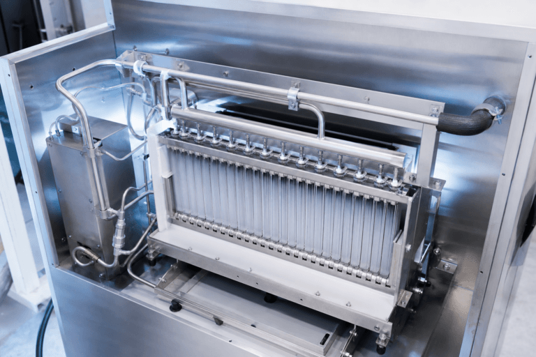 Industrial refrigeration unit with cooling coils and piping for food preservation.