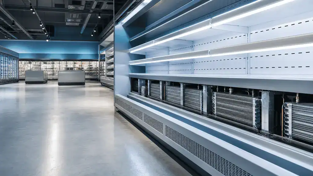 Empty refrigeration display shelves in a commercial store setting.