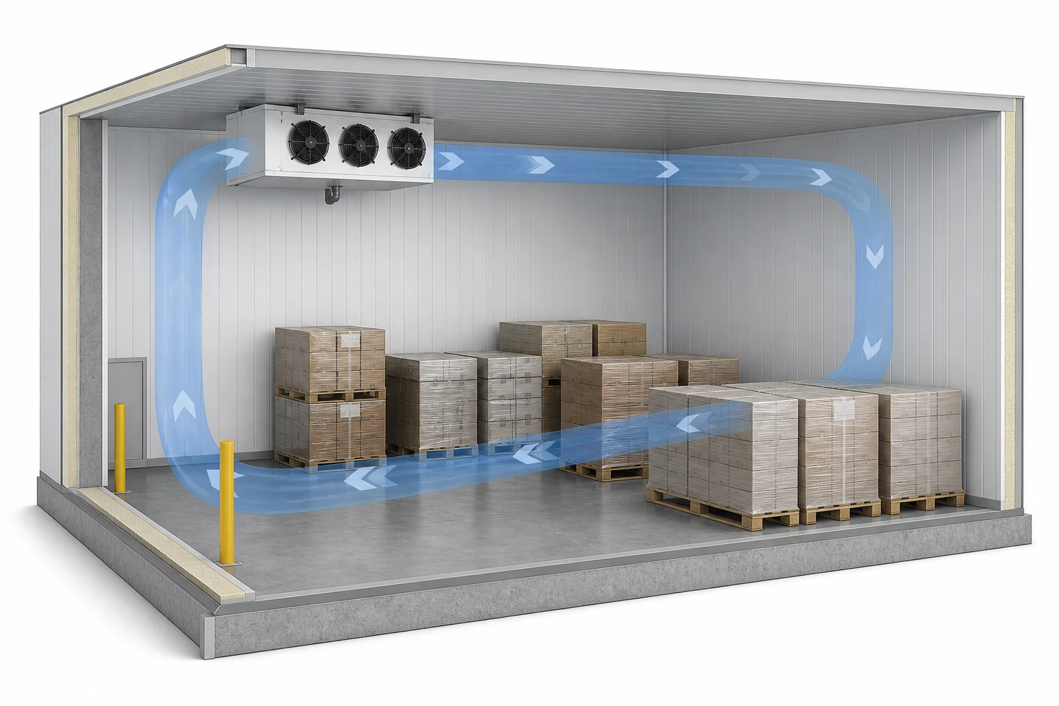 Cutaway cold room showing the supply-air path above racks and the return-air path back to the cooler