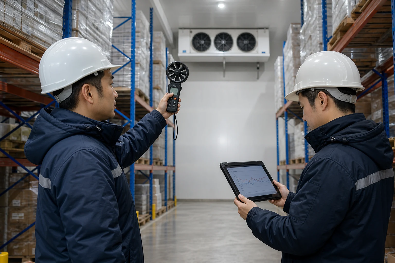 Asian refrigeration engineers measuring cold-room air velocity with a handheld anemometer
