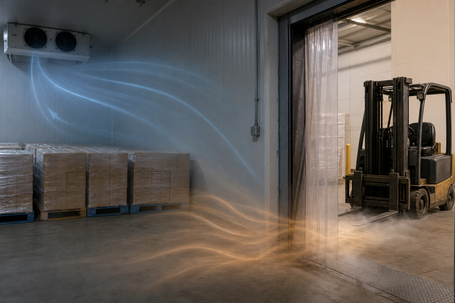 Open cold-store door introducing humid air that disturbs the industrial air cooler circulation path