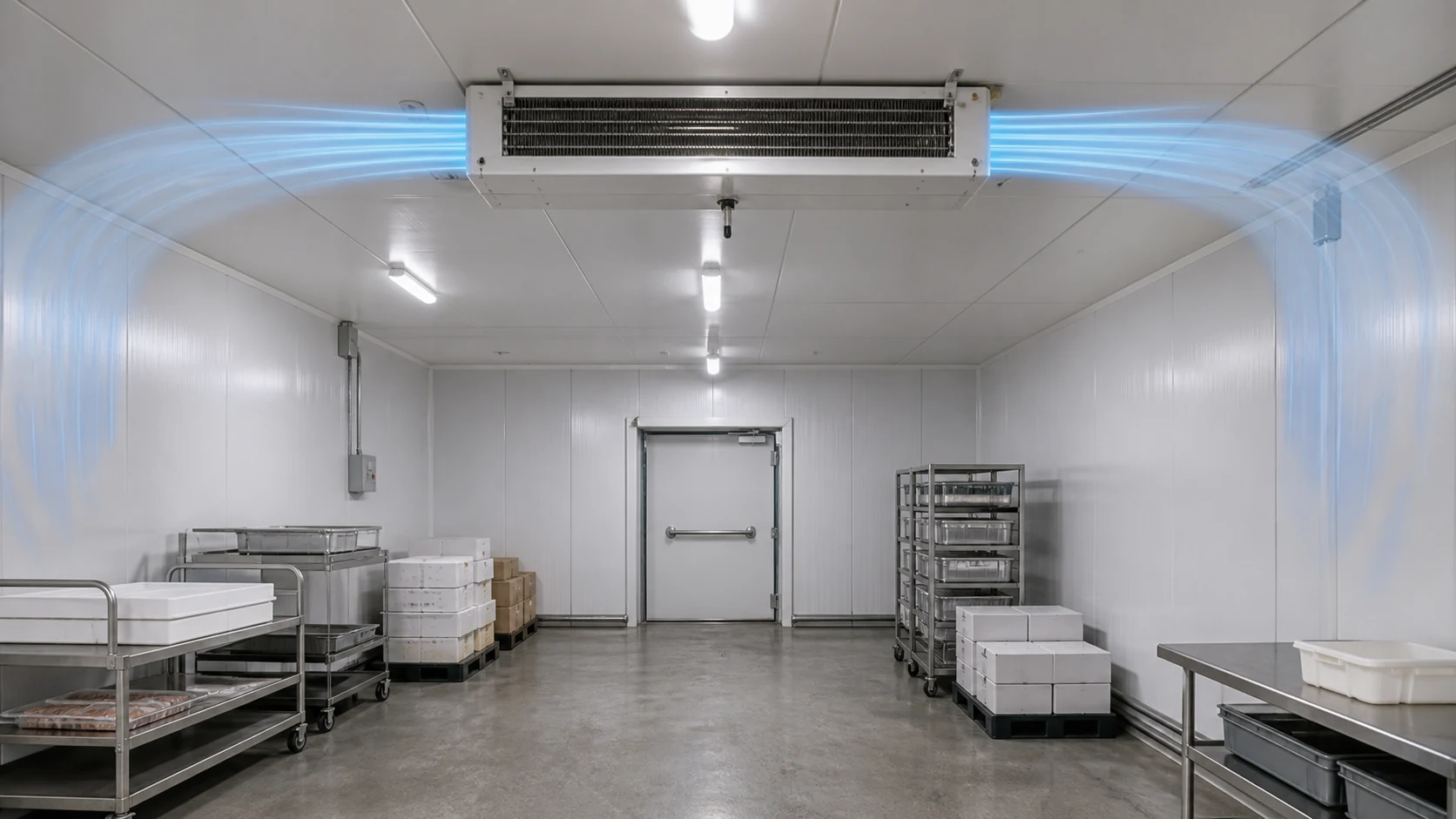 Low-profile dual-discharge unit cooler distributing air in two directions below a low cold-room ceiling