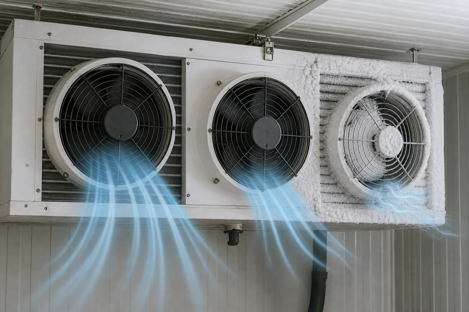 Frosted industrial air cooler coil reducing airflow from the fan discharge