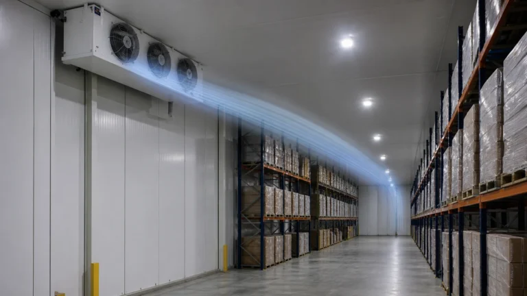 Industrial air cooler sending a ceiling-level air stream down a high-bay cold-storage aisle