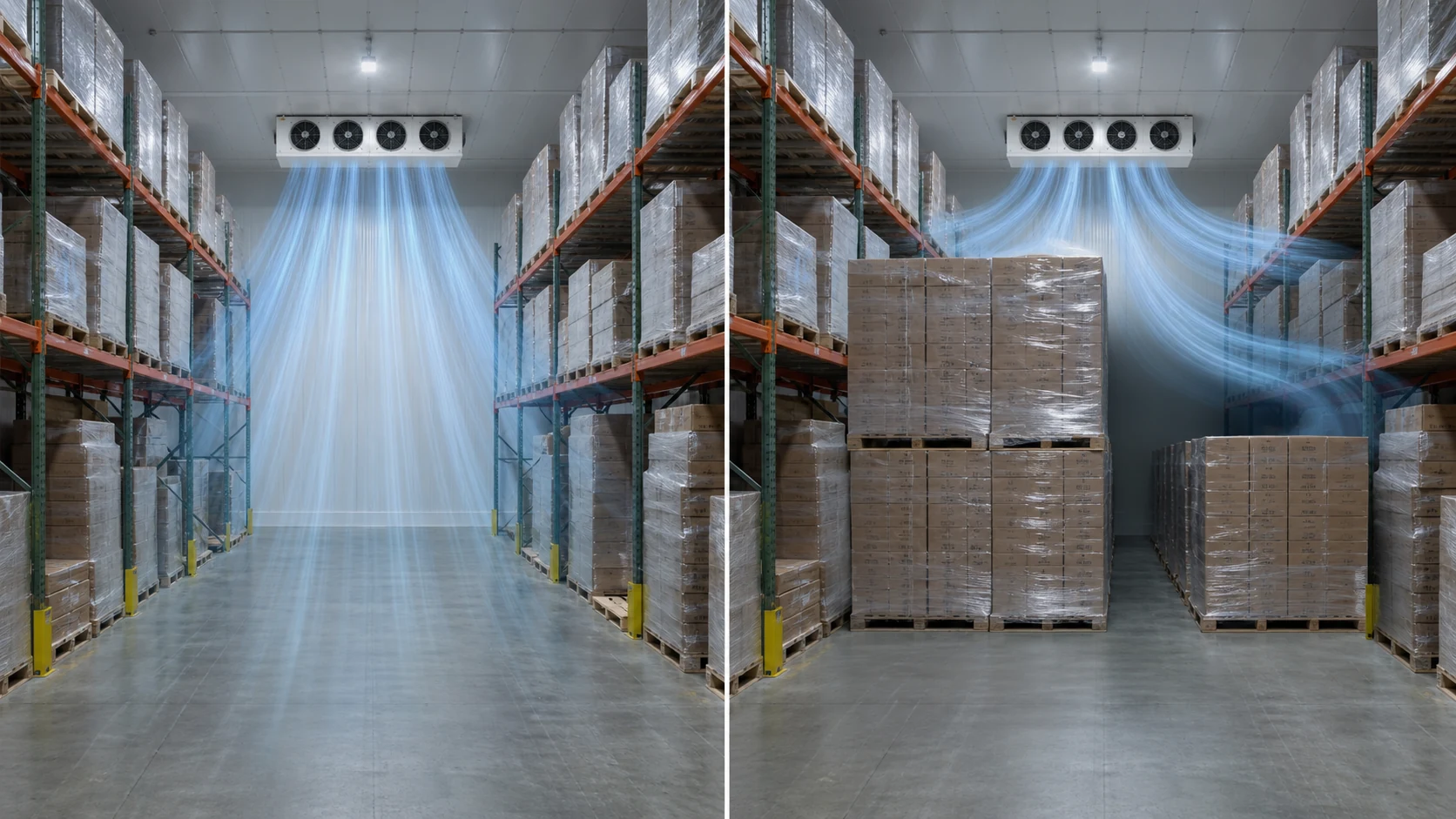 Comparison of a clear cold-room air path and a supply jet blocked by overstacked pallets