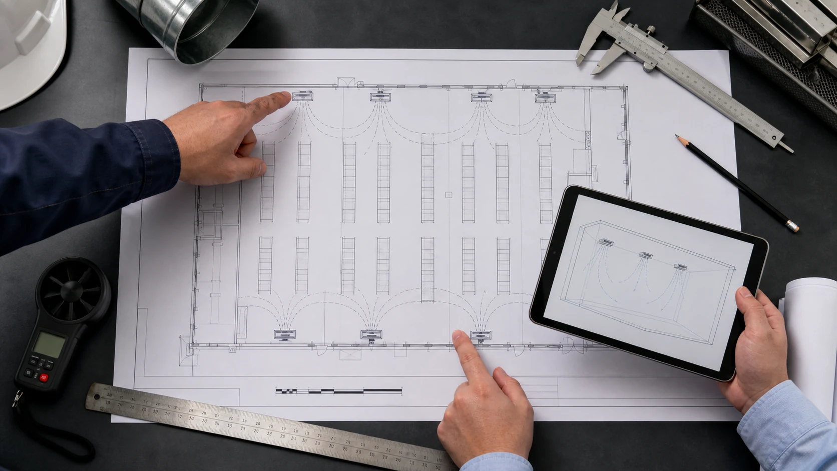 Engineer reviewing a cold-room layout drawing with air cooler positions, racks and door locations