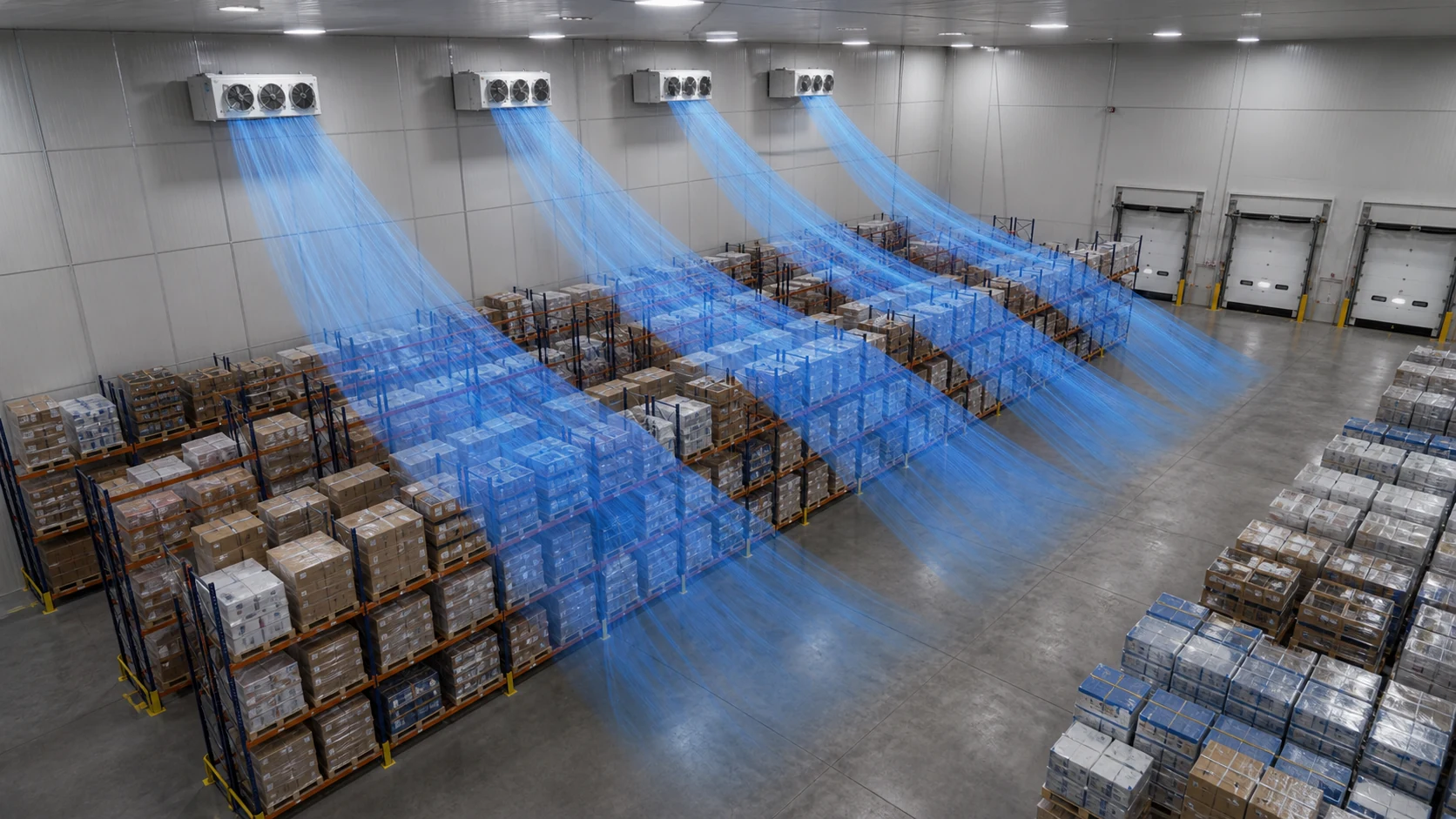 Multiple industrial unit coolers aligned with warehouse aisles for long-room air coverage