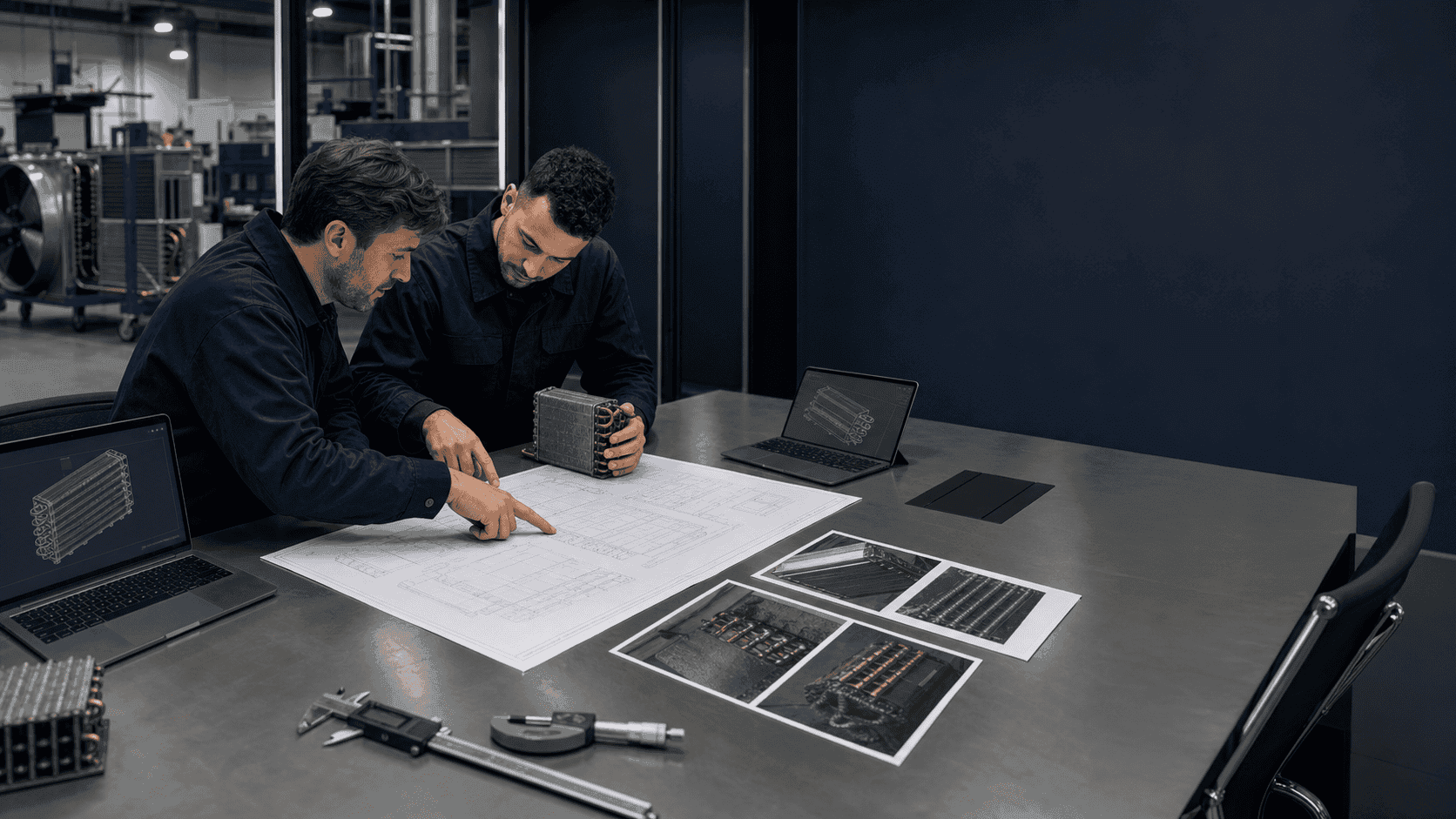 Two engineers reviewing refrigeration system blueprints and components.