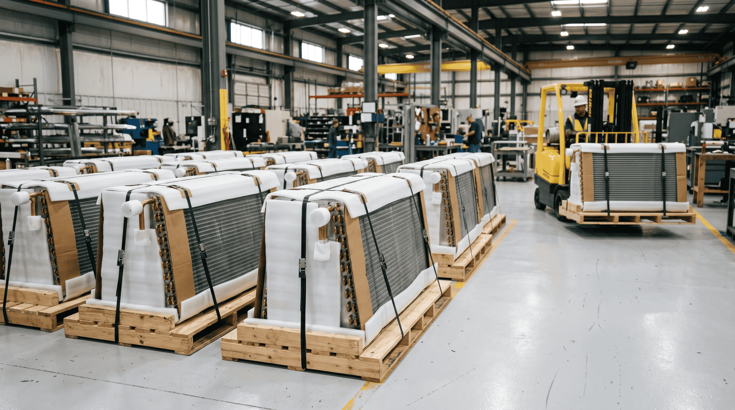 Warehouse with packaged refrigeration units on pallets in a manufacturing facility.