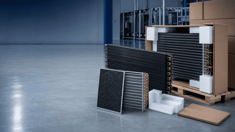 Refrigeration units and parts in a warehouse setting for commercial use.