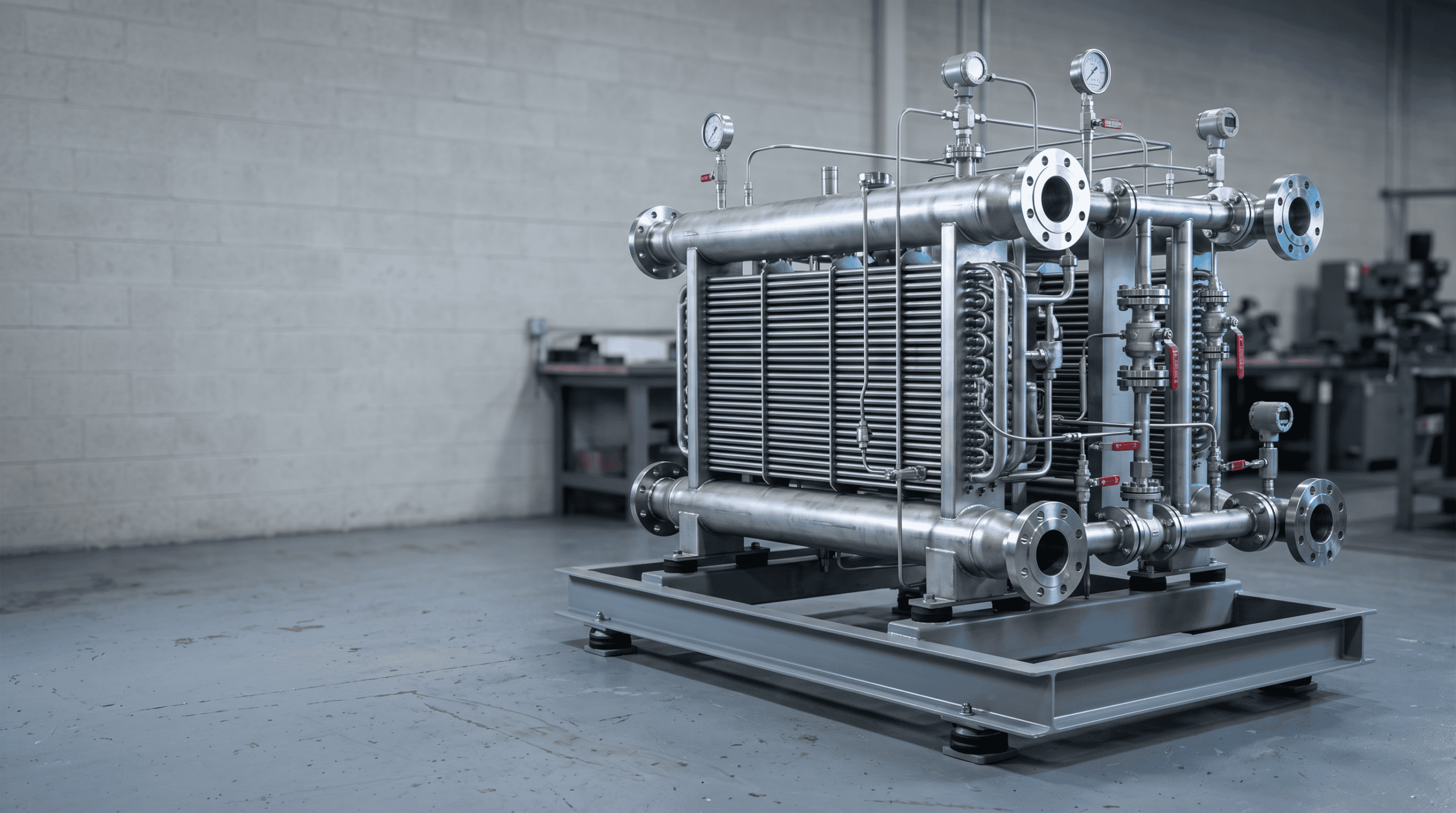 Large industrial refrigeration unit with pipes and gauges in a factory setting.