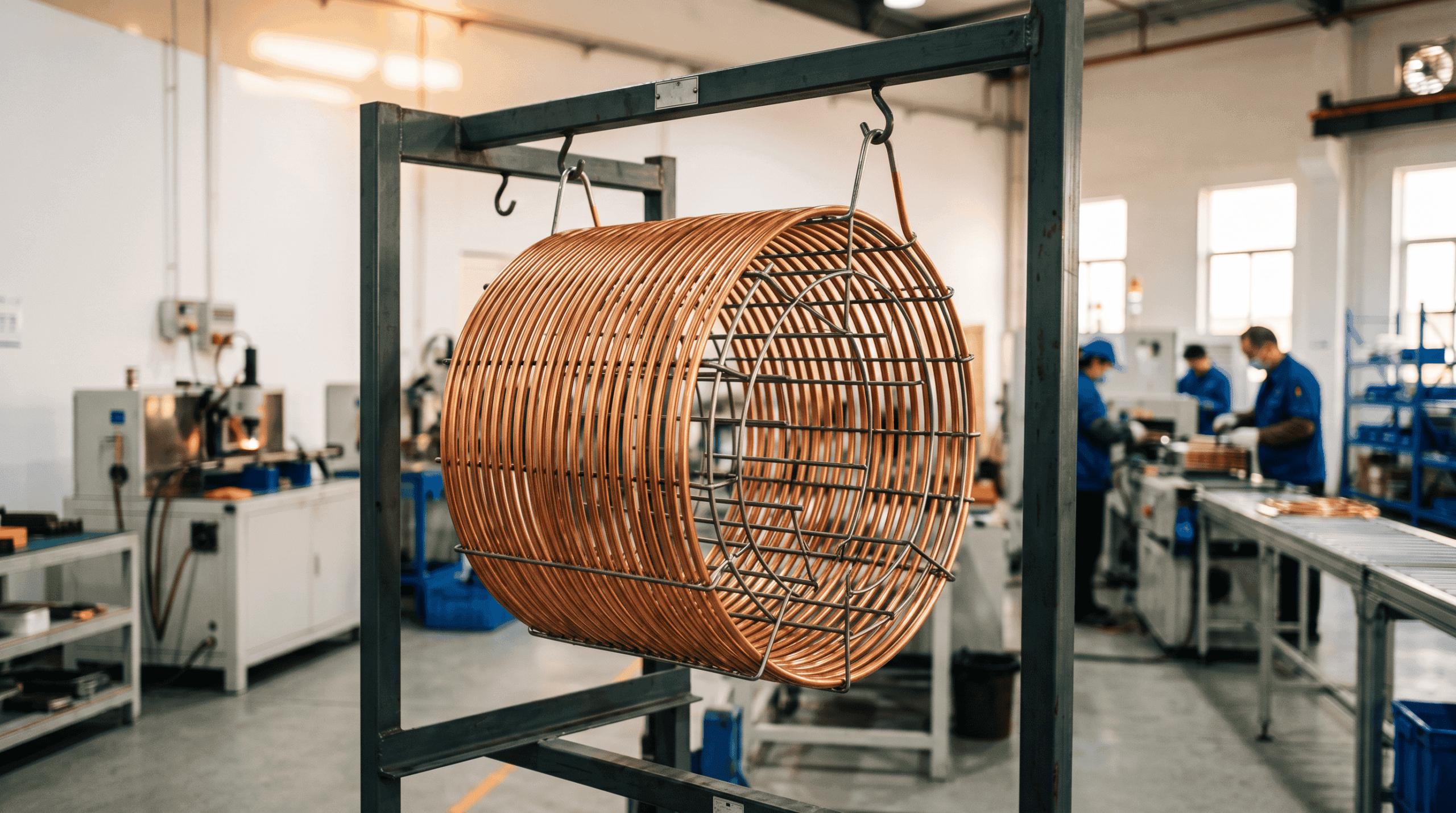 Copper heat exchanger in manufacturing facility for refrigeration systems.
