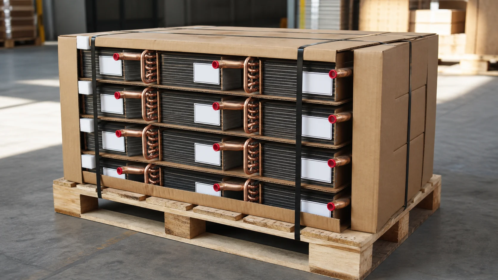 Finished custom refrigeration coils with caps, revision labels, and export packaging on a pallet