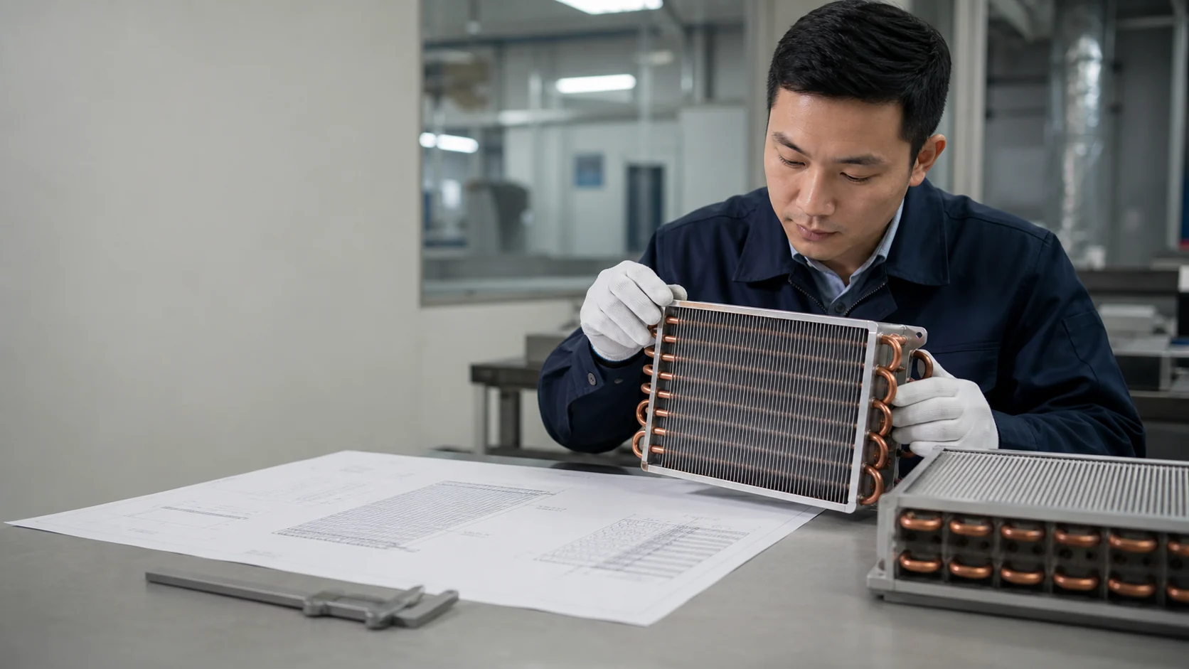 Procurement engineer comparing a released refrigeration coil drawing with a production-intent sample