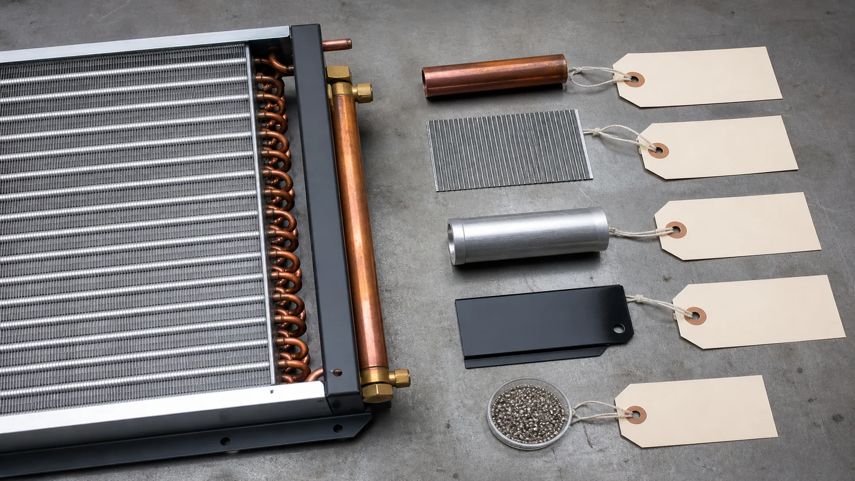 Material traceability tags for copper tube, aluminum fin, header, coating, and braze alloy