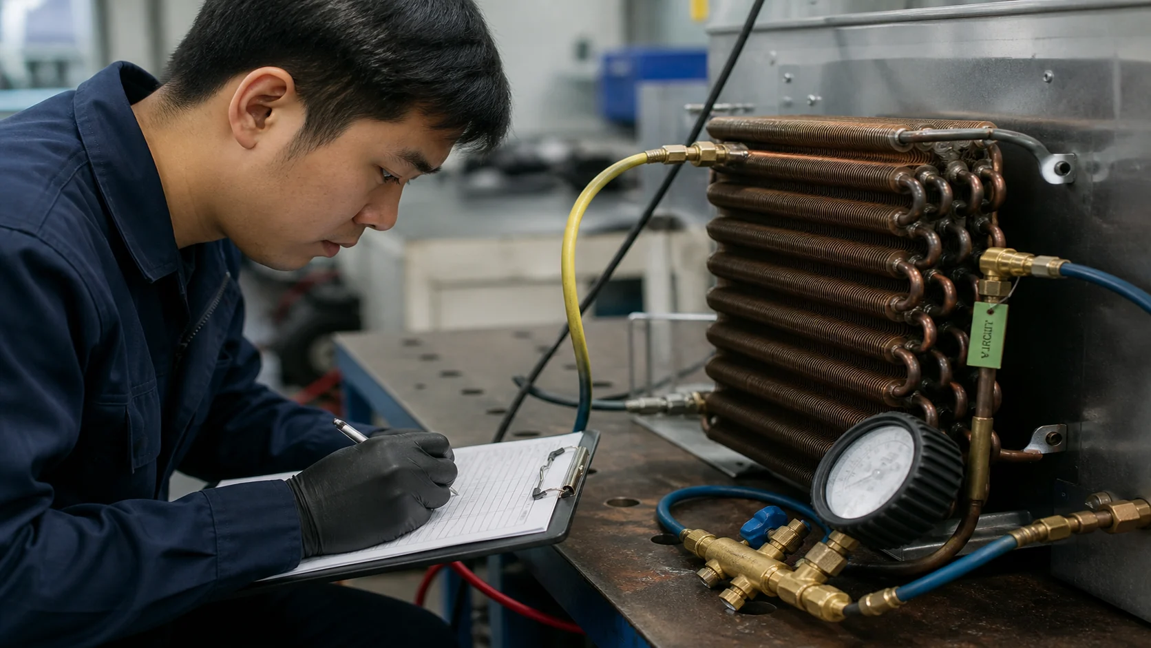 Refrigeration coil pressure and leak test with identified circuit and calibrated gauge