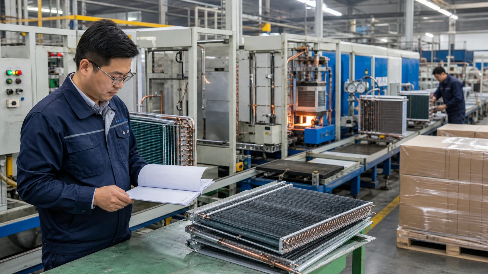 Production-intent refrigeration coil run through fin forming, tube expansion, brazing, and inspection