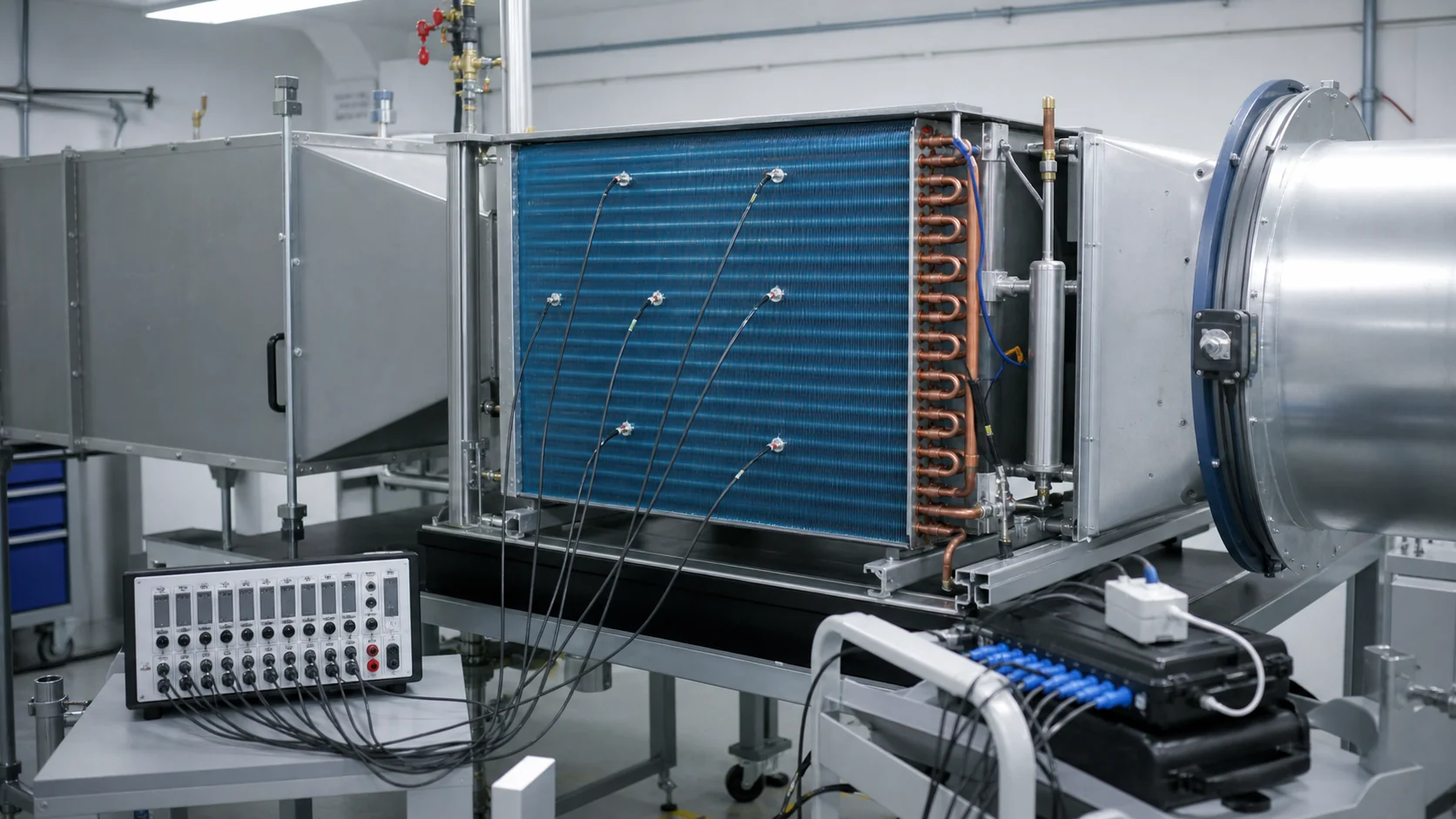 Thermal and airflow test bench recording coil inlet, outlet, airflow, and pressure drop