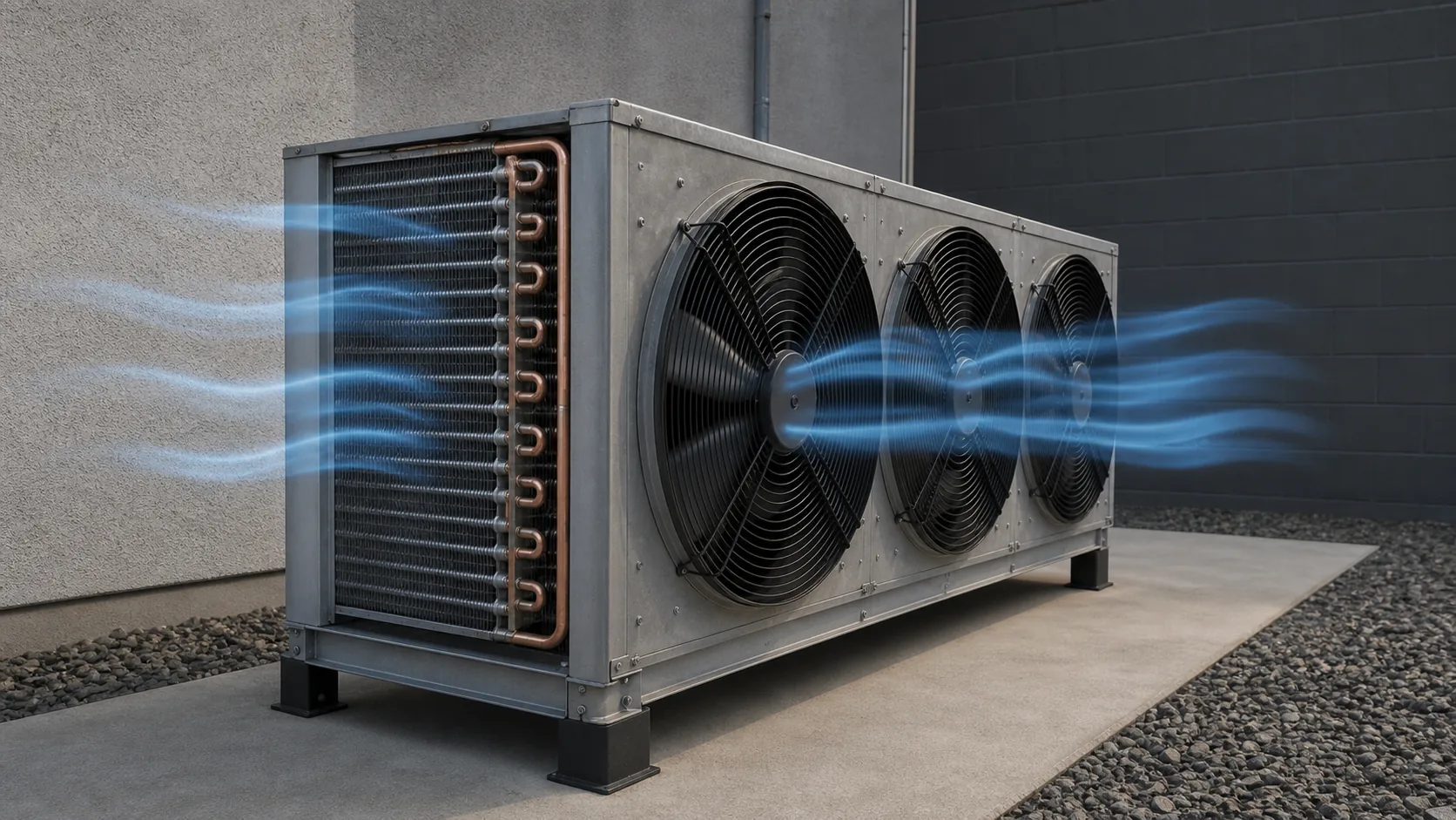 Axial fans drawing ambient air evenly through a condenser coil