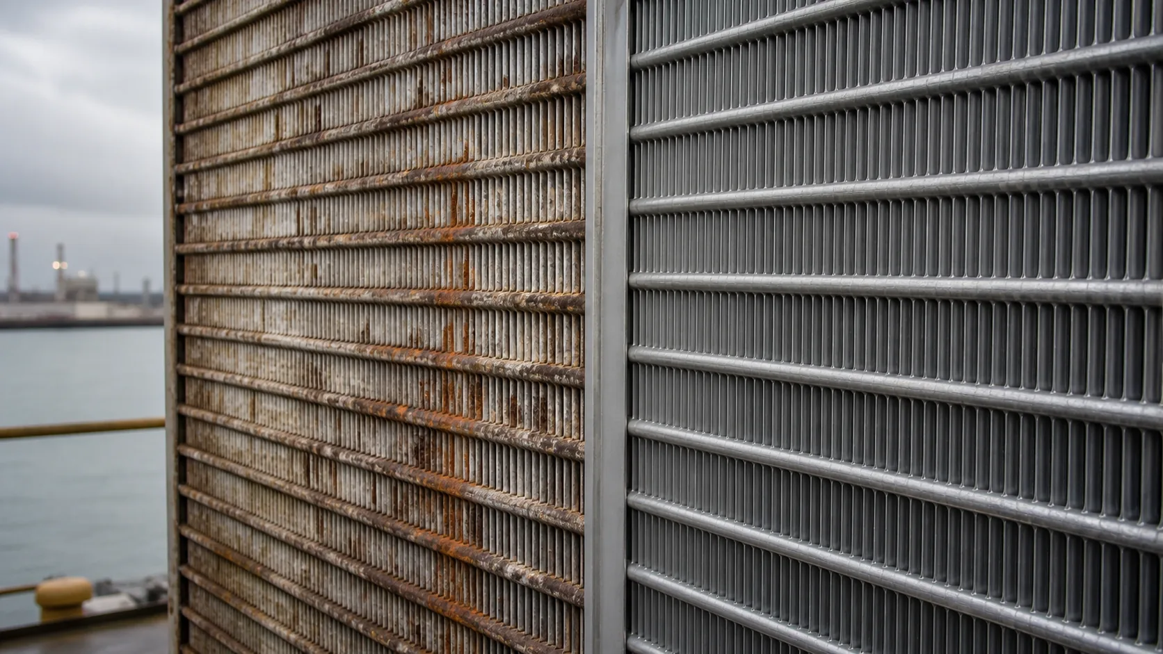 Uncoated and protective-coated condenser fin surfaces in a coastal environment