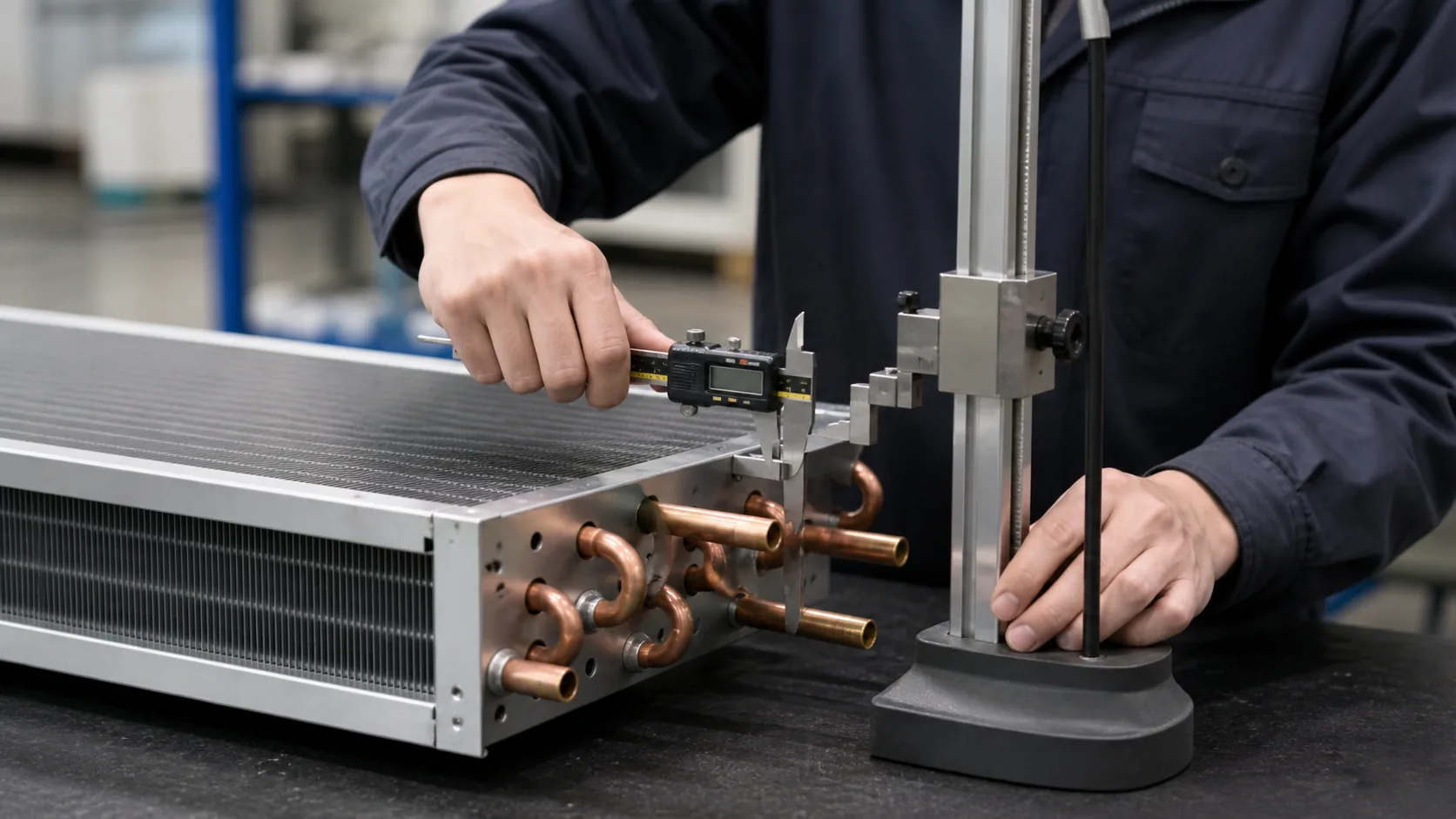 Quality engineer measuring condenser coil frame and connection locations