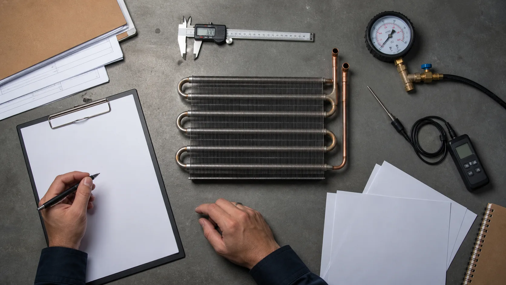 Condenser coil sample and blank duty sheet on an engineering workbench