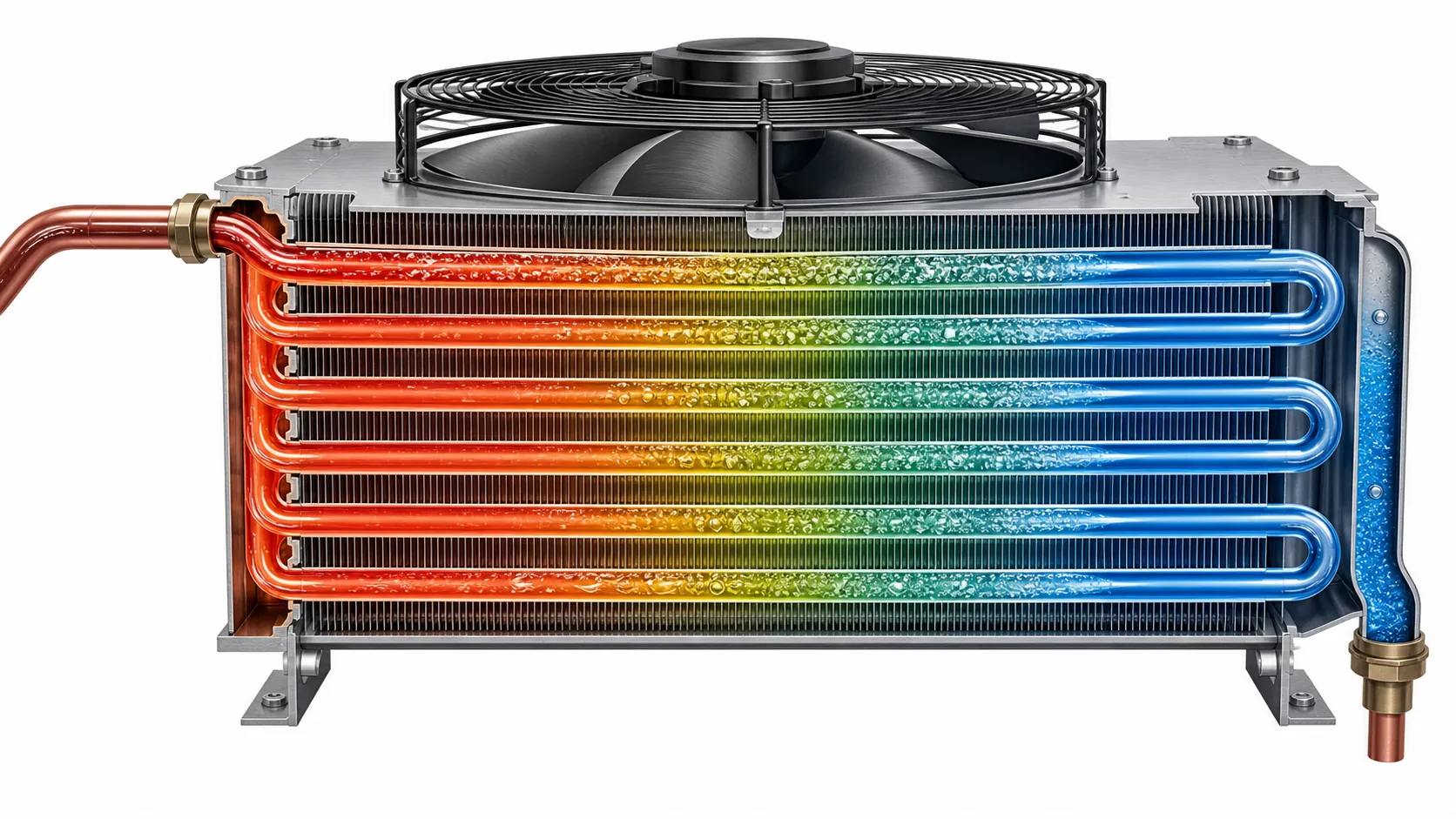 Cutaway view of condenser desuperheating, condensing, and liquid subcooling zones