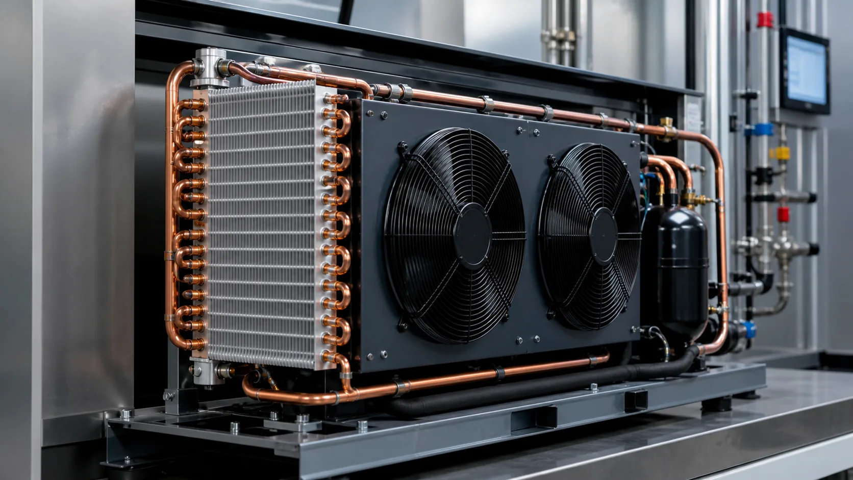 Custom air-cooled condenser coil installed in an OEM refrigeration condensing unit