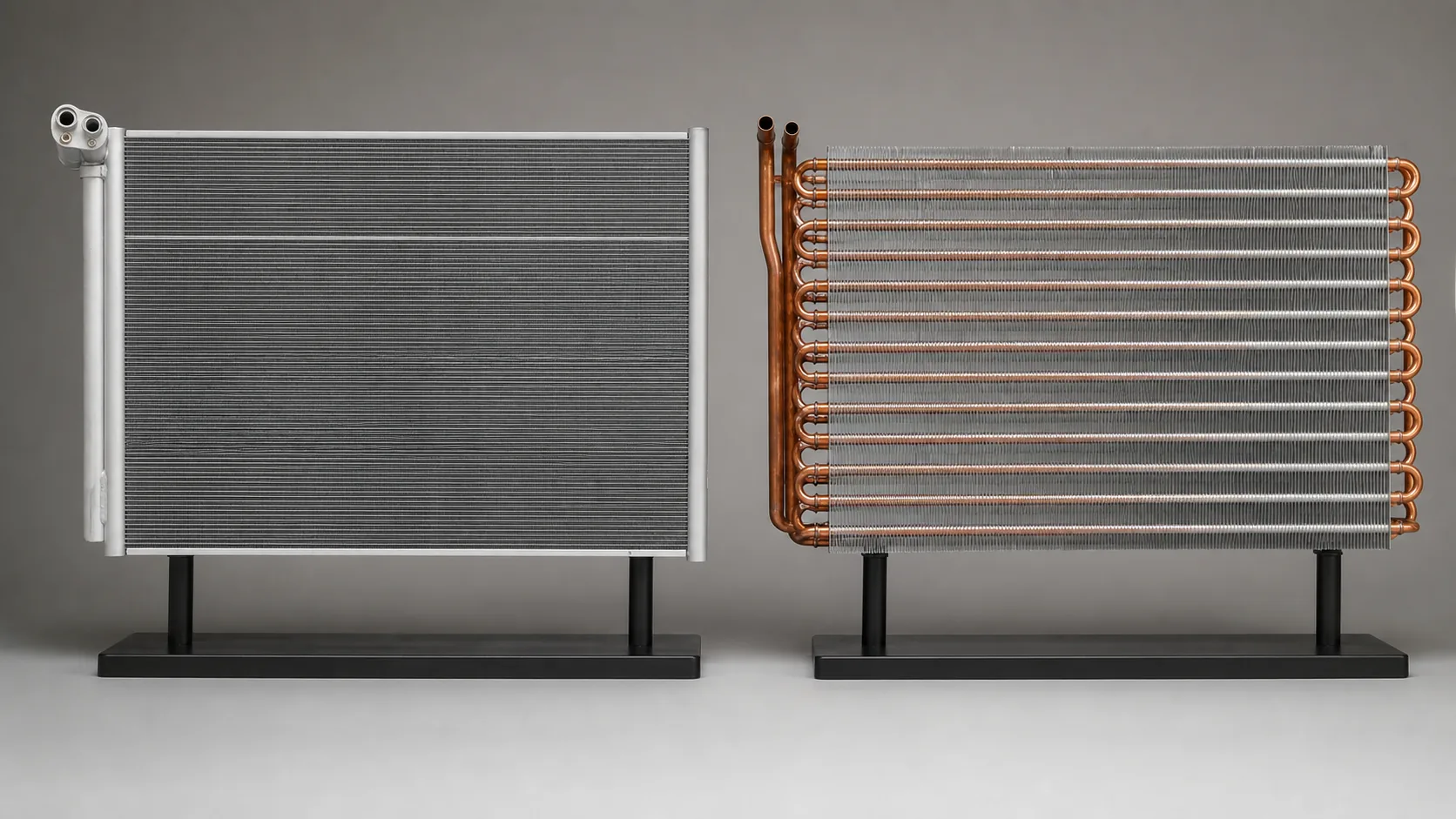 Microchannel and copper-tube aluminum-fin condenser cores compared in a studio