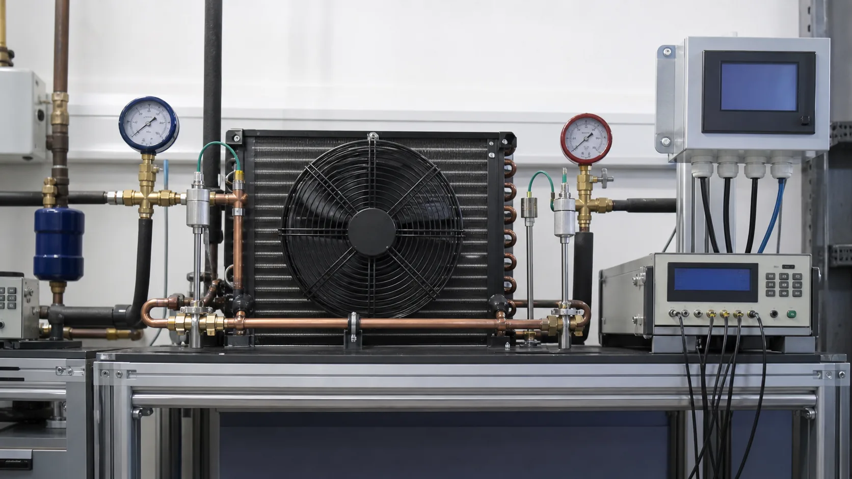 Condenser coil connected to pressure and temperature test instruments