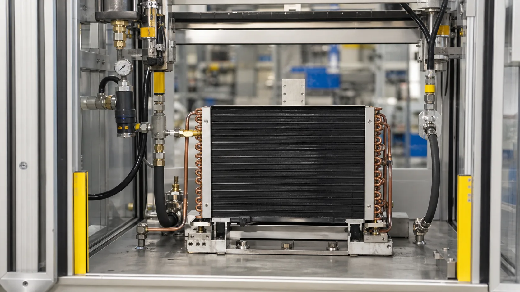Condenser coil in a controlled nitrogen pressure and leak test station