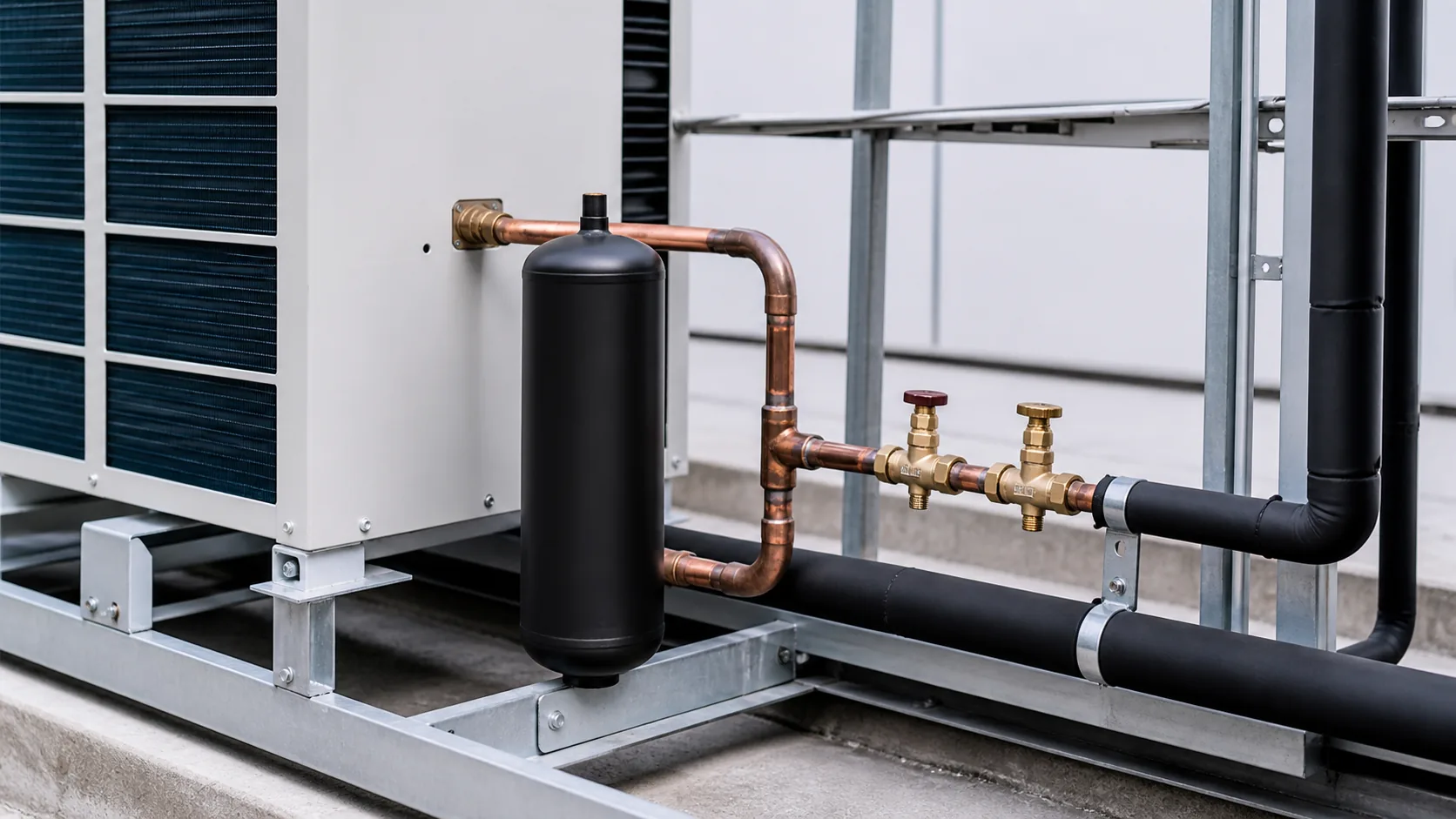 Condenser liquid outlet, receiver, liquid line, and service valves