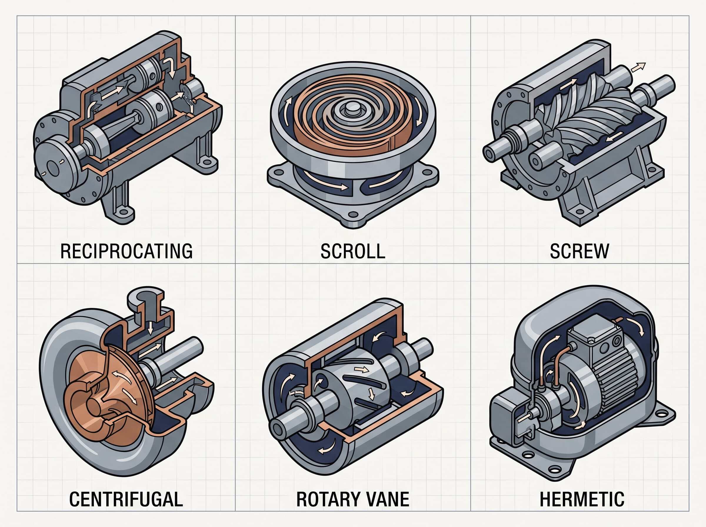 Illustration of refrigeration compressor parts including reciprocating, scroll, screw, centrifugal,.