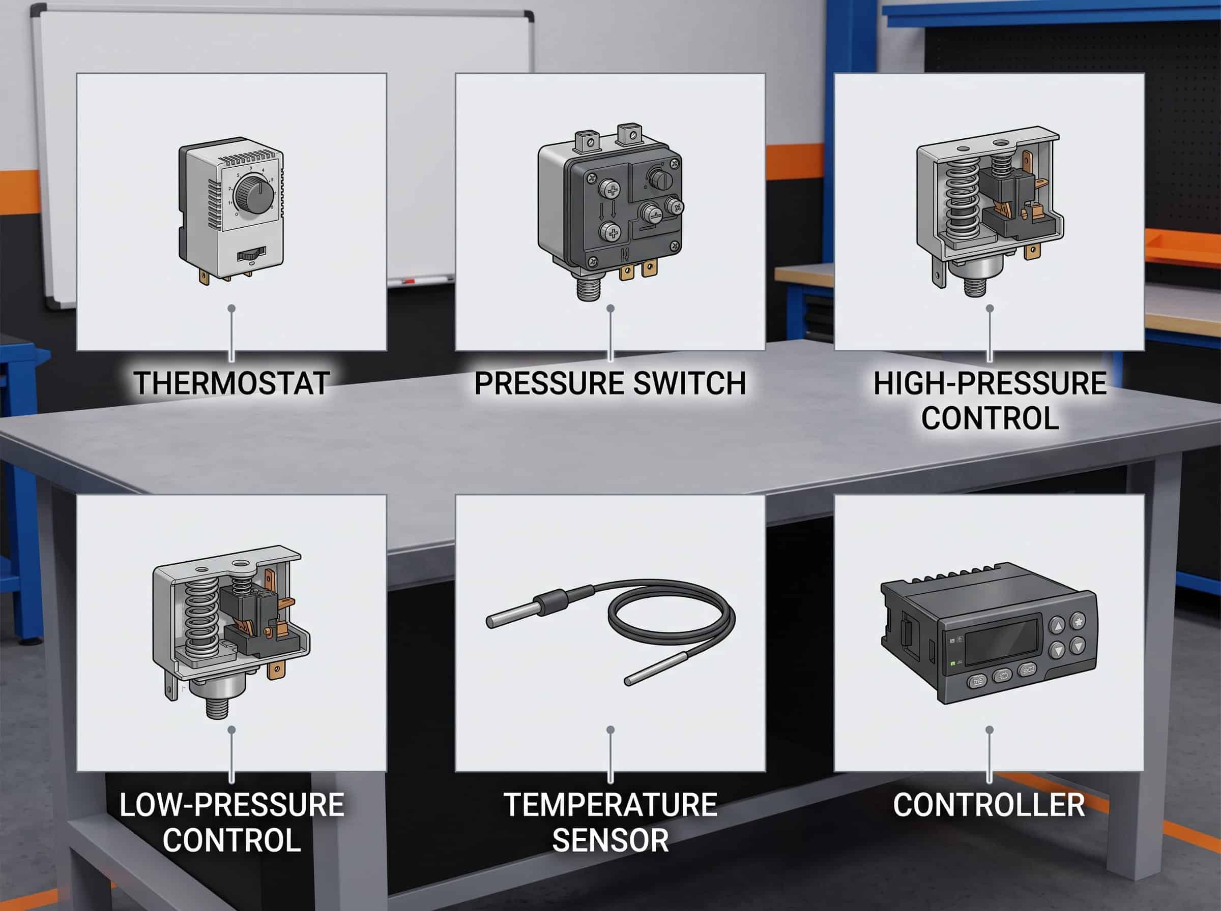 HVAC refrigeration components including thermostat, pressure switch, and controllers.