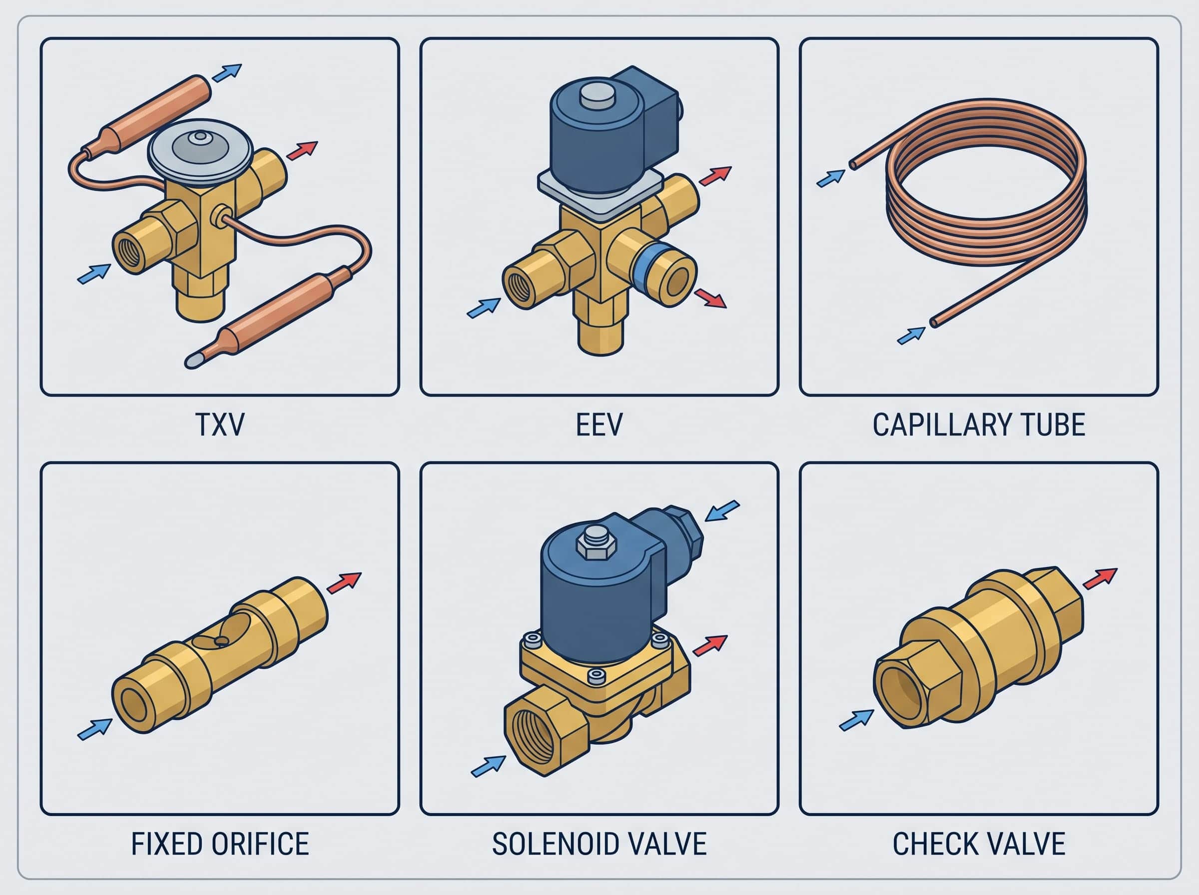 Diagram of refrigeration components including TXV, EEV, capillary tube, and valves.