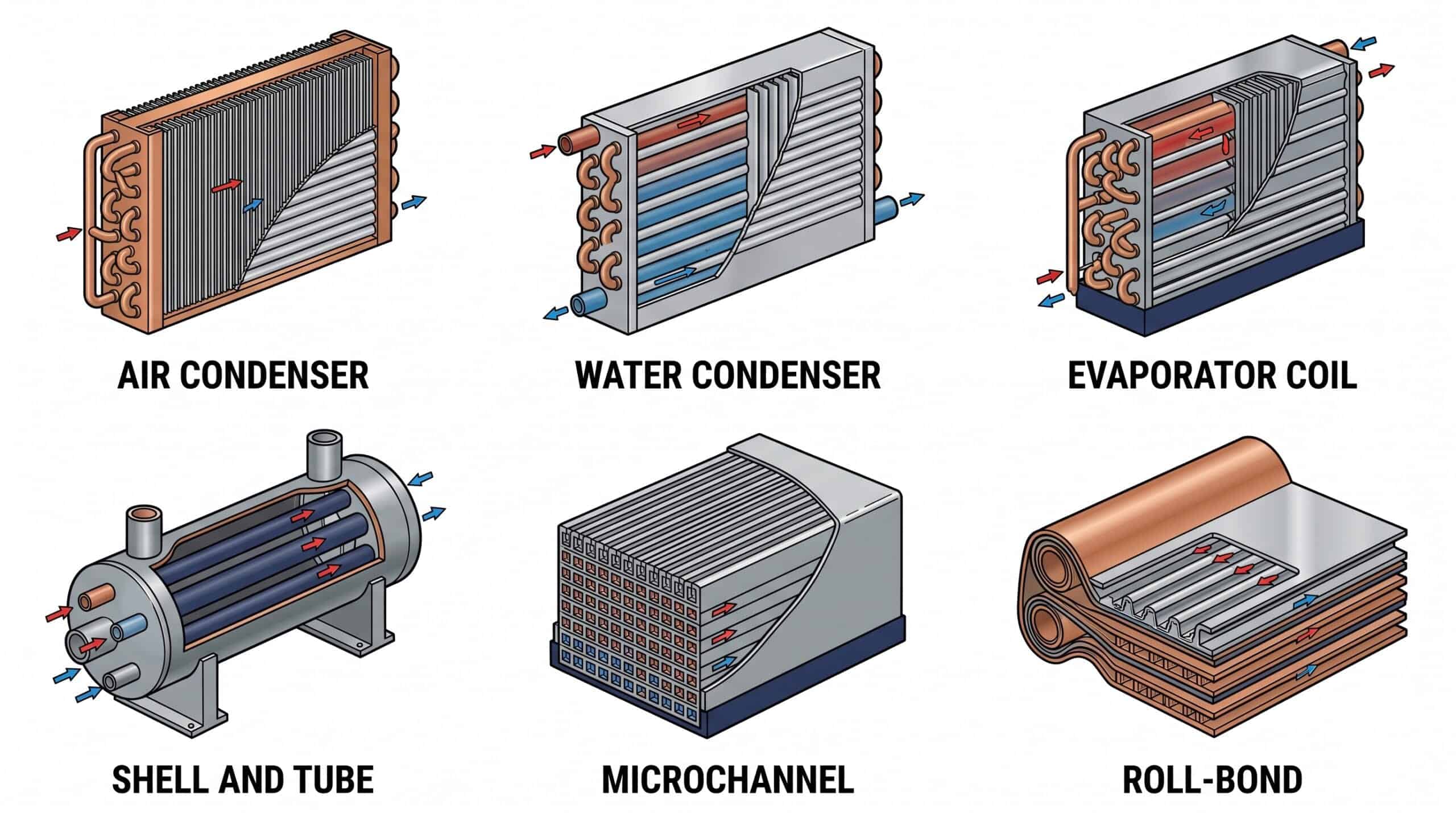 Detailed illustration of refrigeration system parts including condenser, microchannel, and evaporato.