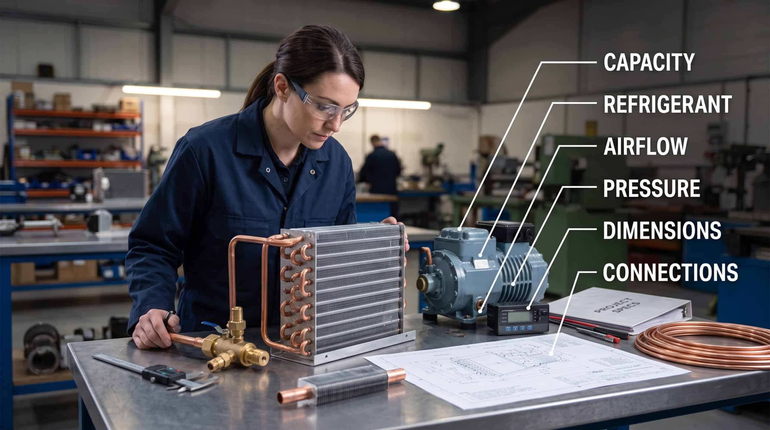 Technician inspecting refrigeration system with labeled parts.