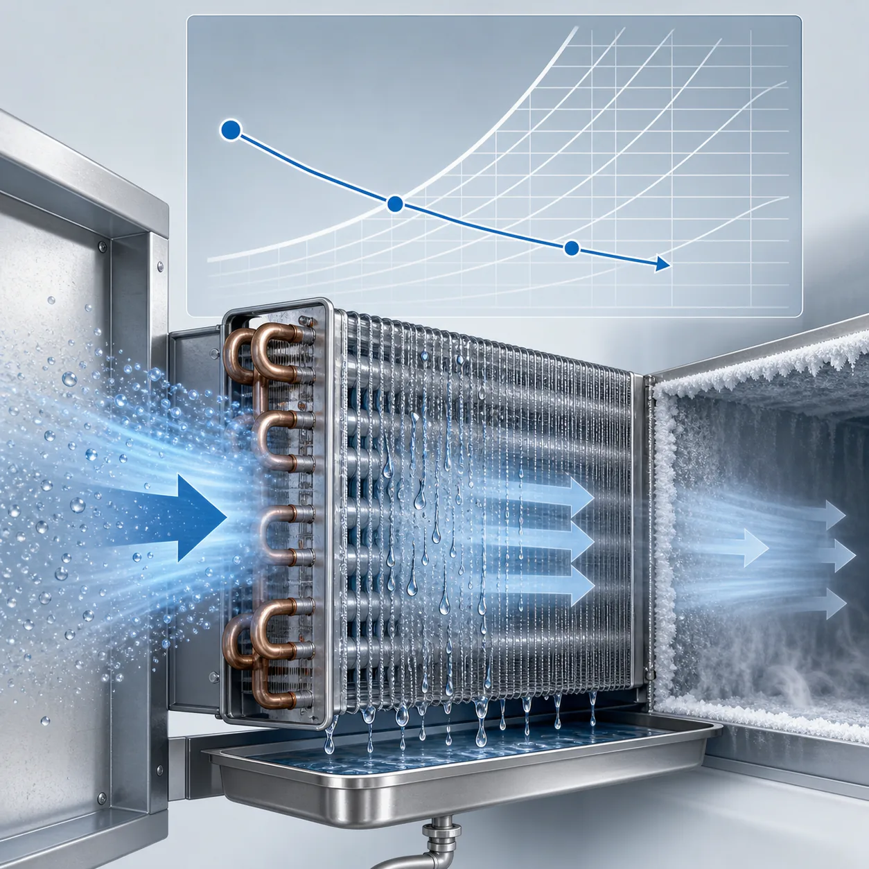 Moist air moving through a finned refrigeration coil, with a clean visual comparison of entering air, leaving air, condensate, and frost zones
