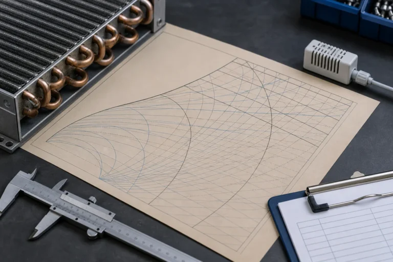 Engineer reviewing a psychrometric chart beside a refrigeration coil sample