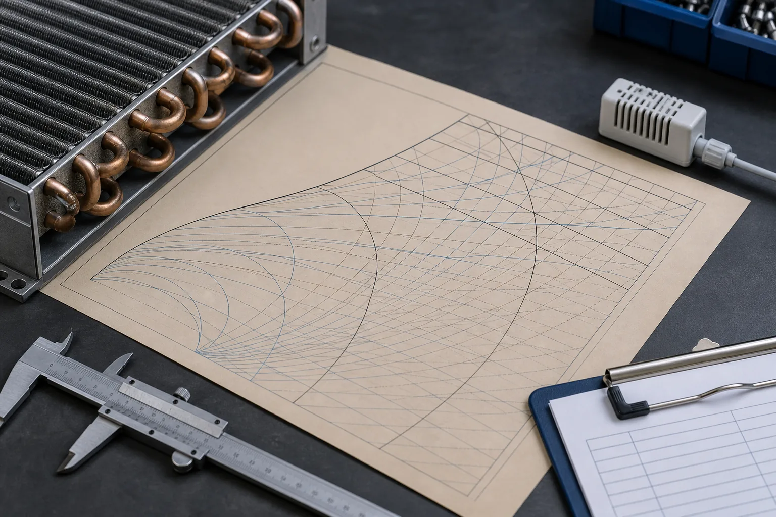 Engineer reviewing a psychrometric chart beside a refrigeration coil sample and measurement tools