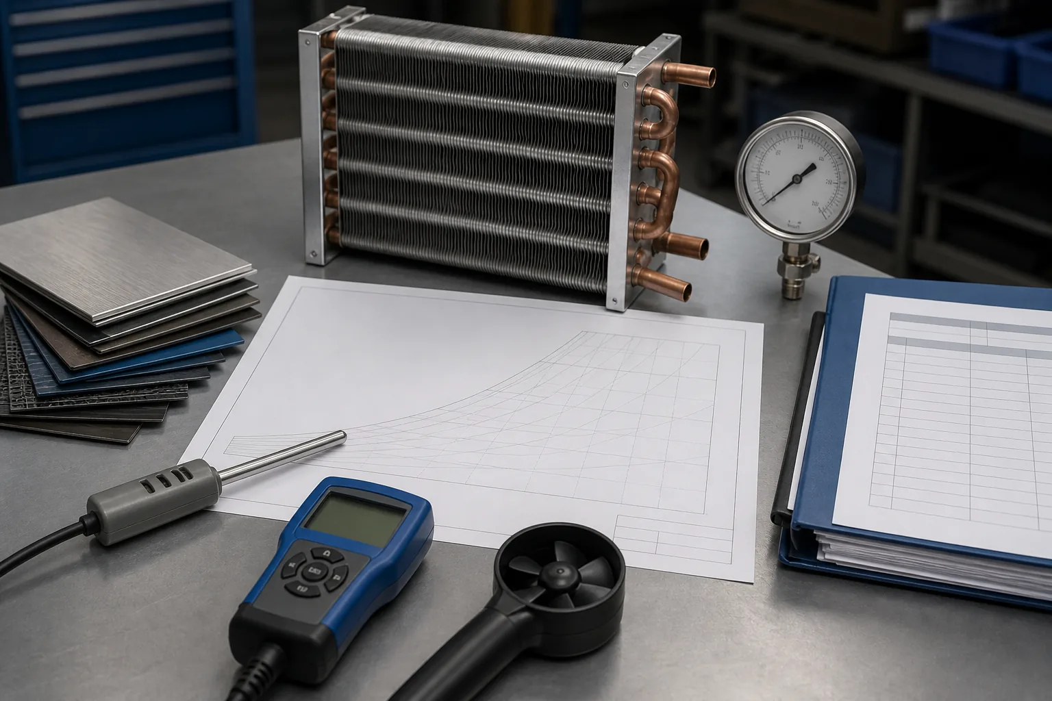 Procurement checklist with a psychrometric chart, coil drawing, humidity sensor, airflow meter, and pressure test record