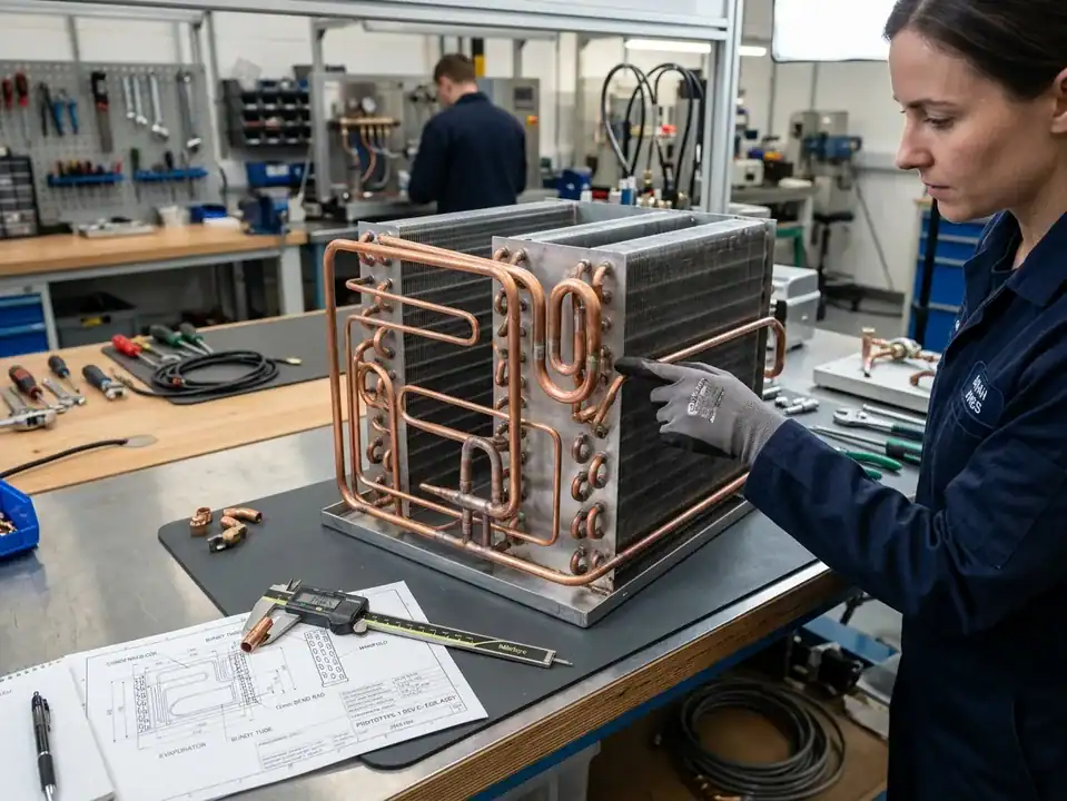 R32 vs R410A HVAC coil design: engineer reviewing a refrigerant-specific heat pump coil assembly