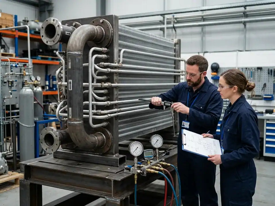 R32 vs R410A HVAC coil design: refrigerant circuiting, headers, and pressure-test notes on an engineering drawing