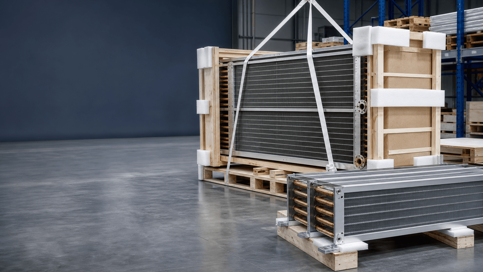 Large industrial refrigeration units stored on pallets in warehouse.