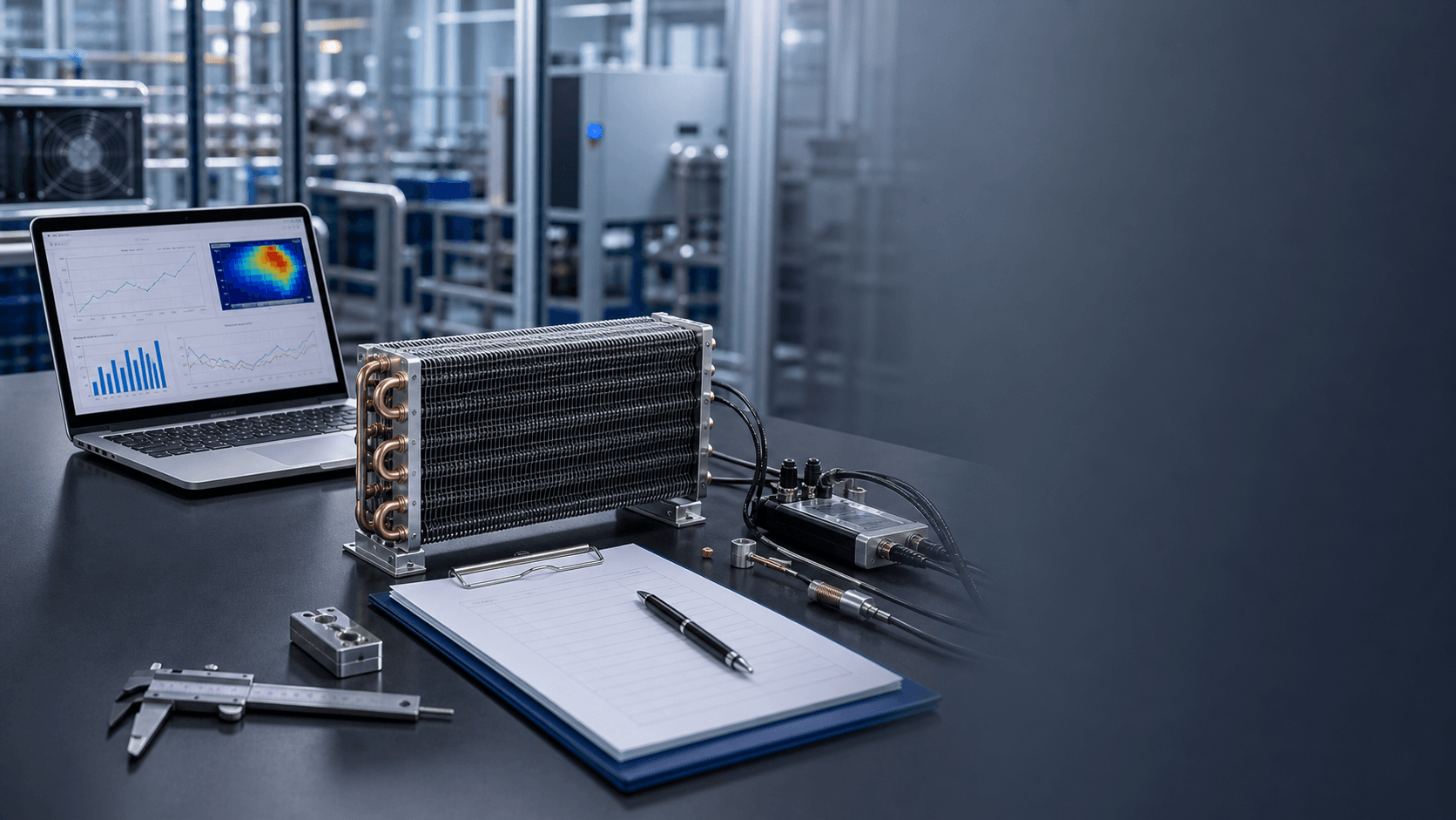 Industrial refrigeration system with control panel and tools in a modern facility.