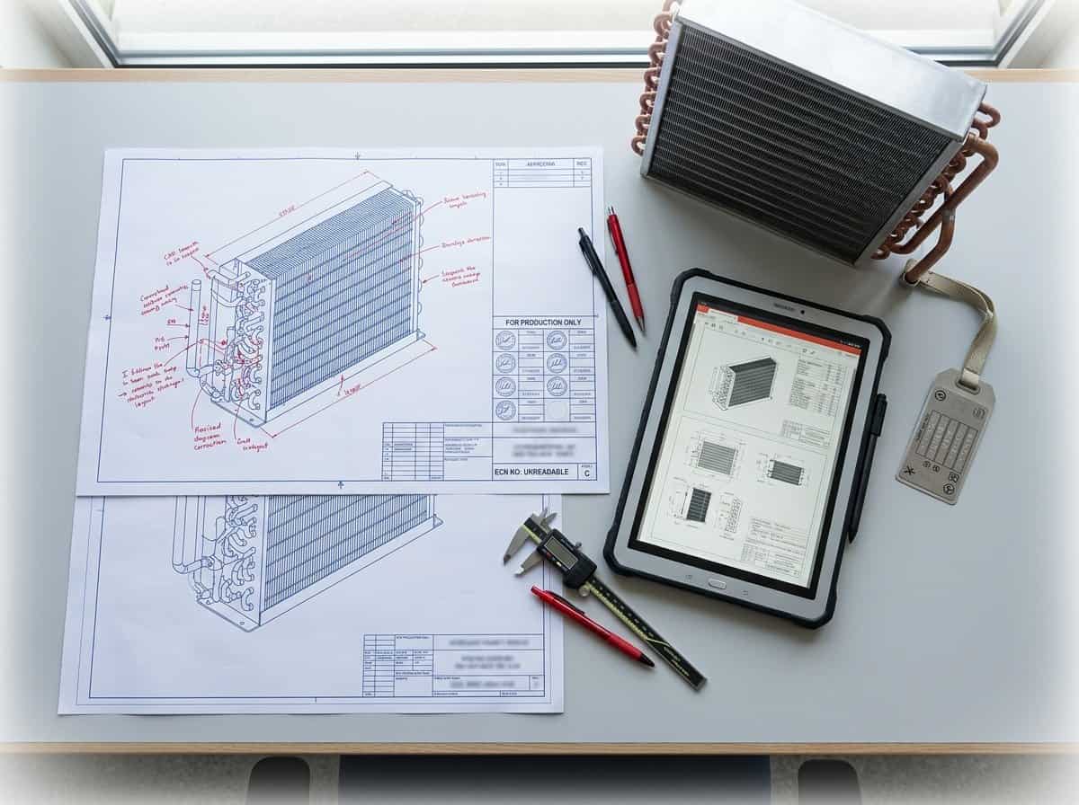 drawing revision control for coils 鈥?side-by-side revision table, CAD model, and inspection record for one coil family