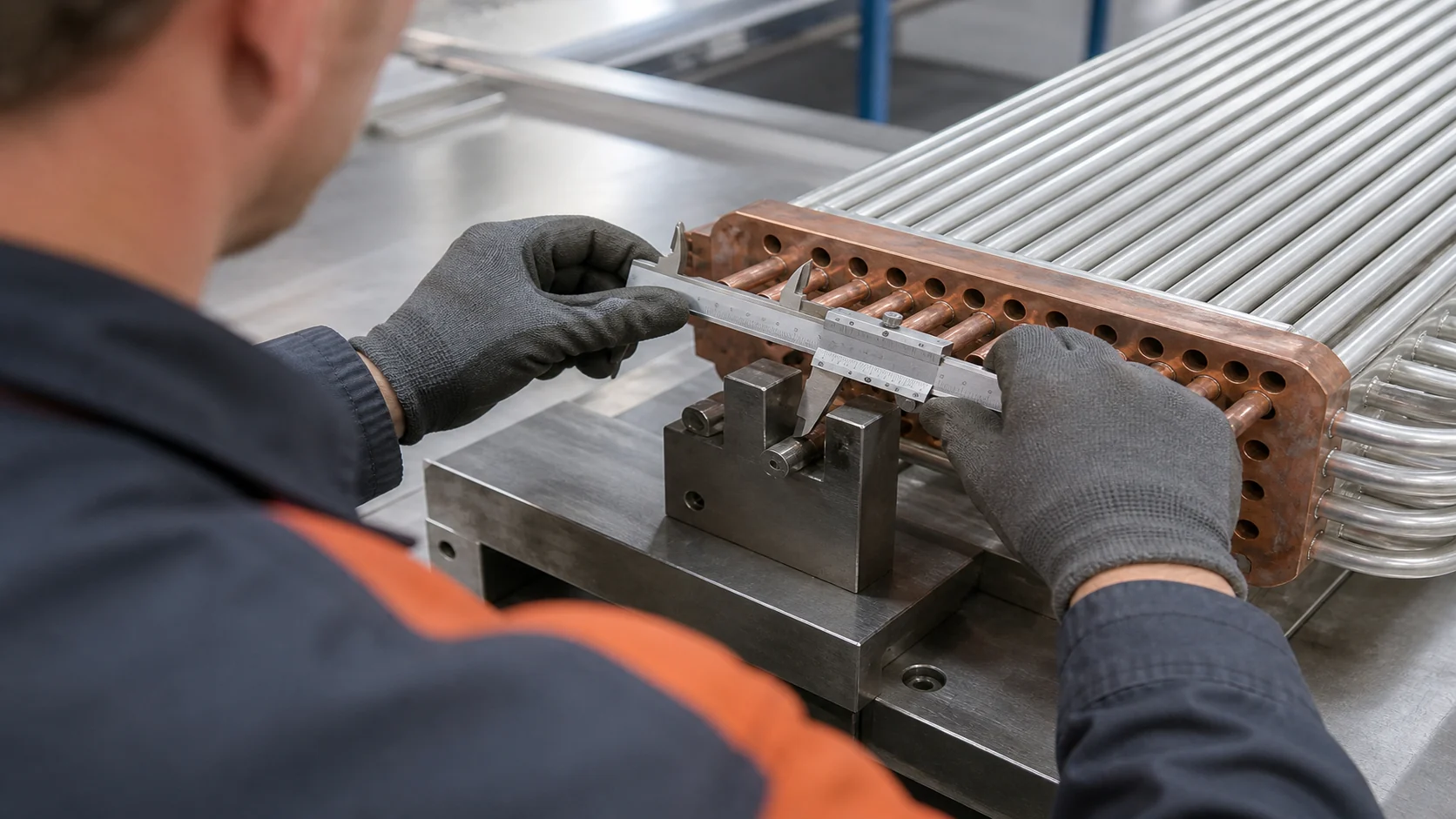Technician checking tube-to-header alignment and joint gap with a caliper and fixture